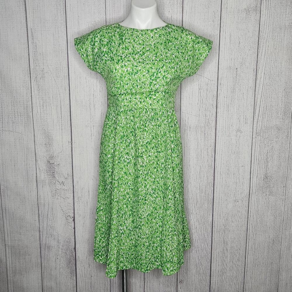VTG 1960s Jo Robinson Inc Delaware Green & White Leaf Print Midi Dress